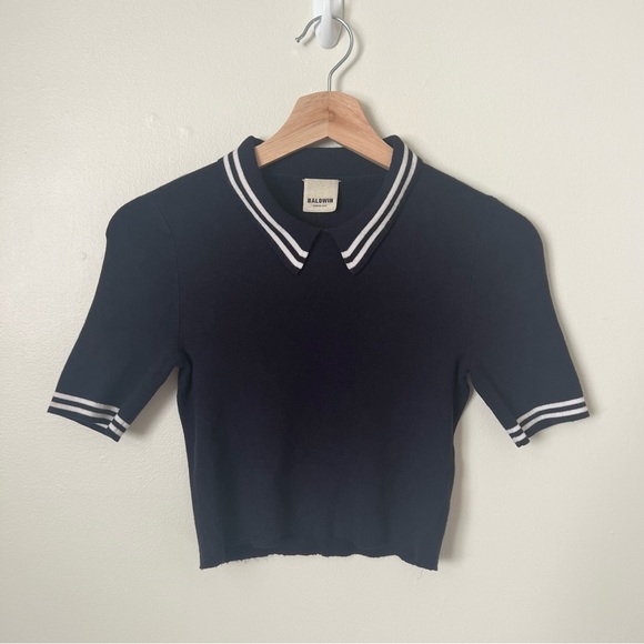 Baldwin Cropped Navy Collared Sweater Top Size XS - Picture 2 of 5